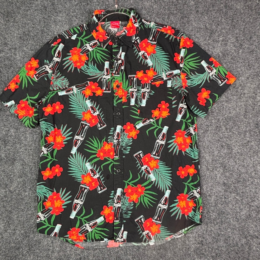 Coca-Cola Mens Tropical Hawaiian Shirt Black Red Floral Soda Bottle Print Medium
